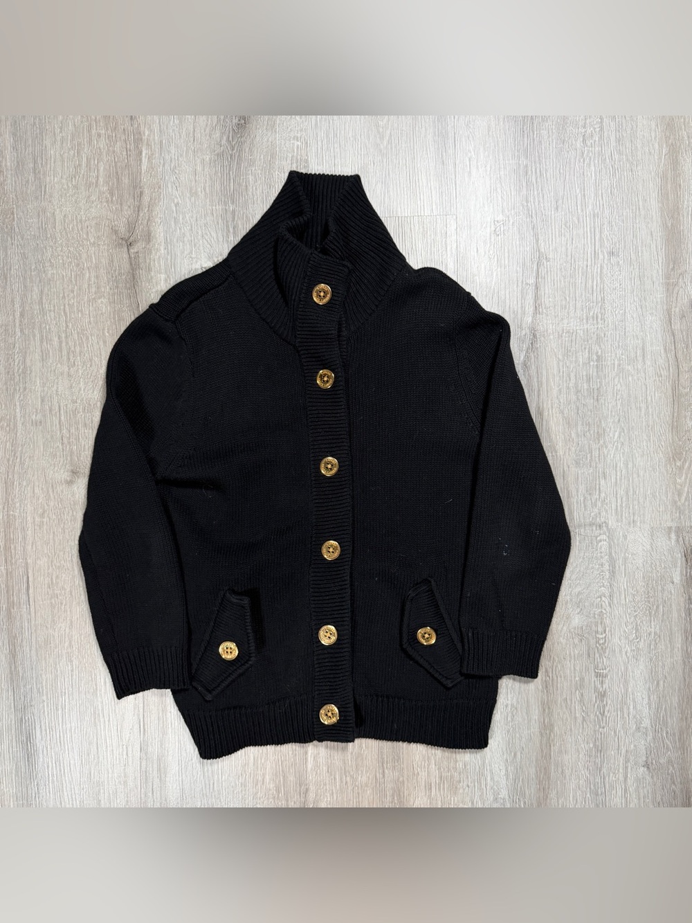 Lauren Ralph Lauren Black Cotton Mock Neck Cardigan Medium
